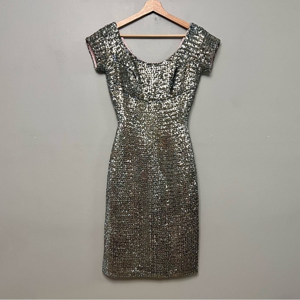 VTG 40s Raynor Hand Sewn Silver Sequin Midi Cocktail Dress Pin Up Heavy